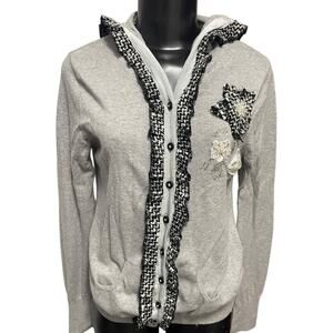 Large Charlotte Womens Gray Cardigan Sweater Hooded Cotton Rosettes
